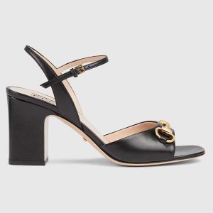 Gucci Women GG Horsebit Mid-Heel Sandal Black Leather Sole Ankle Buckle Closure