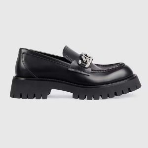 Gucci Women GG Interlocking G Lug Sole Loafer Black Leather Rubber Flat 1.5 CM Heel