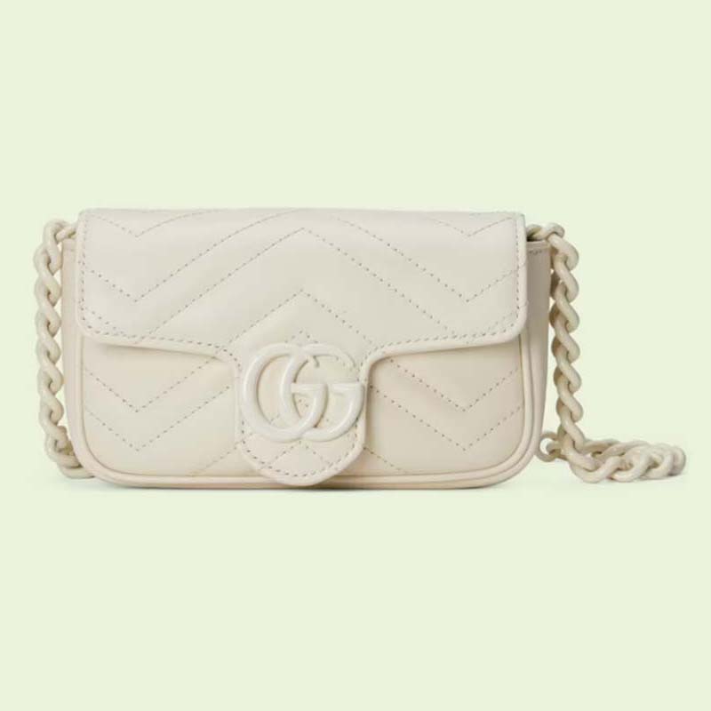 Gucci Women GG Marmont Belt Bag White Chevron Matelassé Leather Double G 699757