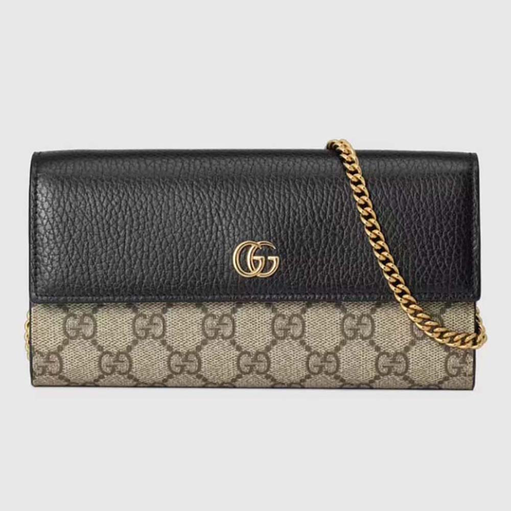 Gucci Women GG Marmont Chain Wallet Black Beige Ebony GG Supreme Canvas 546585