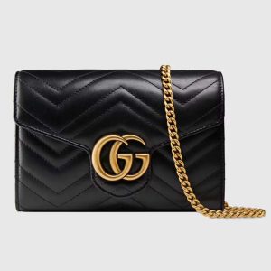 Gucci Women GG Marmont Matelassé Mini Bag Black Chevron Leather Double G 474575