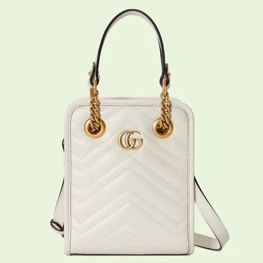 Gucci Women GG Marmont Matelassé Mini Bag White Chevron Leather Double G 696123