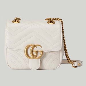Gucci Women GG Marmont Matelassé Mini Shoulder Bag White Chevron Leather 739682
