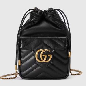 Gucci Women GG Marmont Mini Bucket Bag Black Matelassé Chevron Leather Double G 746433