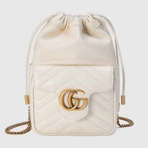 Gucci Women GG Marmont Mini Bucket Bag White Matelassé Chevron Leather Double G 746433