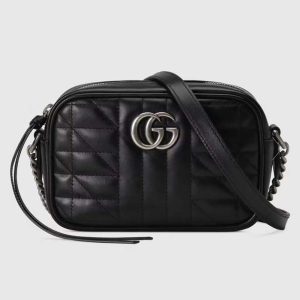 Gucci Women GG Marmont Mini Shoulder Bag Black Matelassé Leather Double G 634936