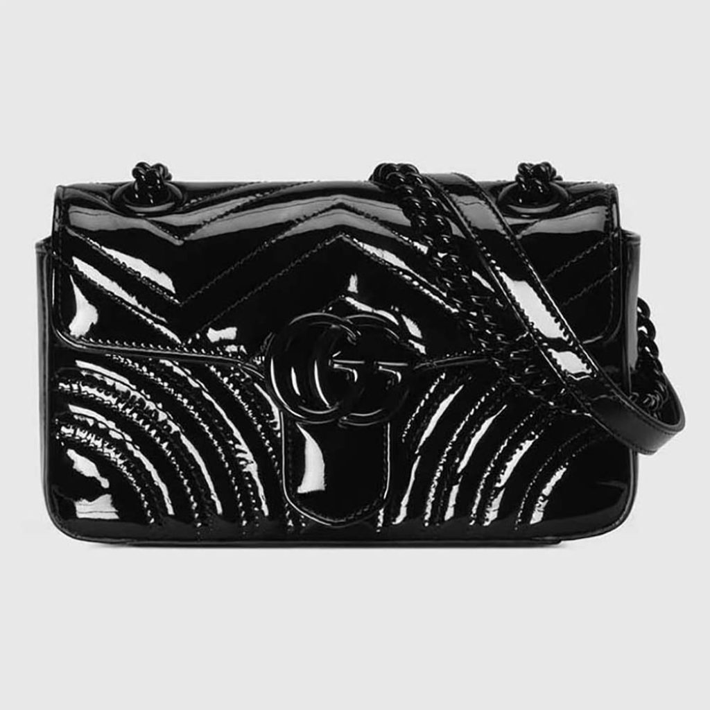 Home 6 Gucci Women GG Marmont Mini Shoulder Bag Black Patent Matelassé Chevron Leather 446744