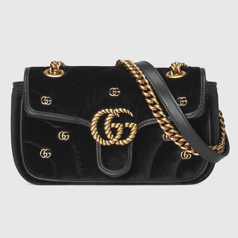 Gucci Women GG Marmont Mini Shoulder Bag Black Quilted Chevron Velvet Leather Double G 446744