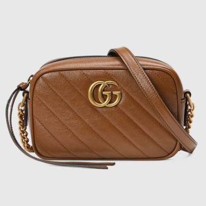 Gucci Women GG Marmont Mini Shoulder Bag Brown Matelassé Leather Double G 634936