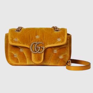 Gucci Women GG Marmont Mini Shoulder Bag Dark Yellow Quilted Chevron Velvet Leather Double G 446744