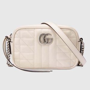 Gucci Women GG Marmont Mini Shoulder Bag White Matelassé Leather Double G 634936