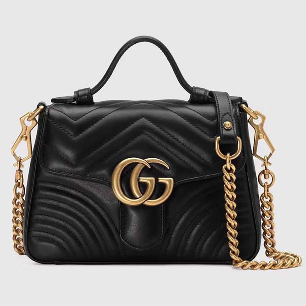 Home 10 Gucci Women GG Marmont Mini Top Handle Bag Black Matelassé Chevron Leather Heart Double G 547260