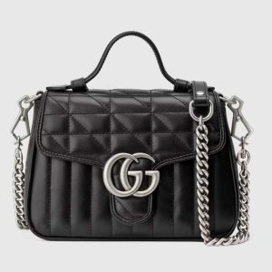 Gucci Women GG Marmont Mini Top Handle Bag Black Matelassé Leather Double G 583571