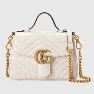Gucci Women GG Marmont Mini Top Handle Bag White Matelassé Chevron Leather Heart Double G 547260