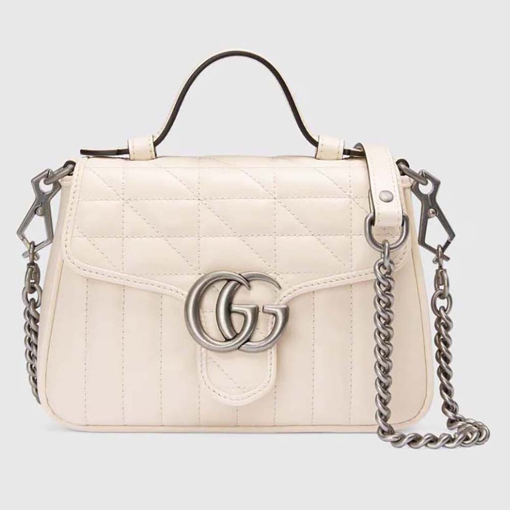 Gucci Women GG Marmont Mini Top Handle Bag White Matelassé Leather Double G 583571