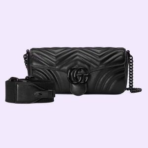 Gucci Women GG Marmont Shoulder Bag Matelassé Chevron Leather Double G Black 734814
