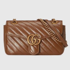 Gucci Women GG Marmont Small Matelassé Shoulder Bag Brown Leather 443497