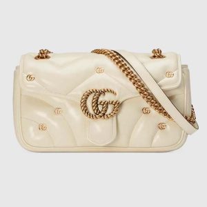 Gucci Women GG Marmont Small Shoulder Bag Double G White Matelassé Chevron Leather 443497