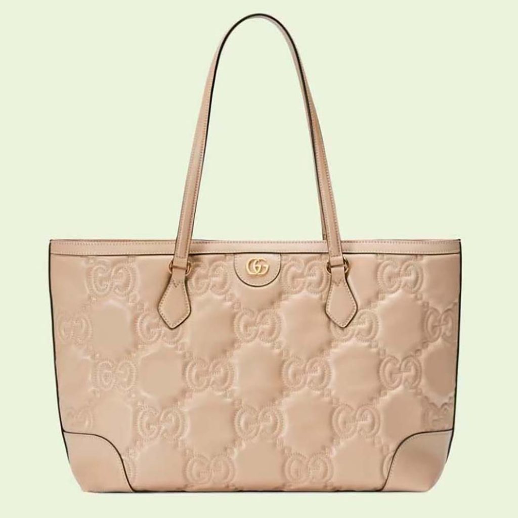Home 7 Gucci Women GG Matelassé Leather Medium Tote Beige Matelassé Chevron Double G 631685