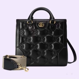 Gucci Women GG Matelassé Mini Top Handle Bag Black Leather Double G 728309