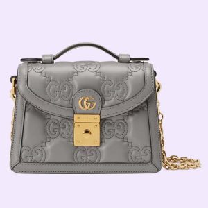 Gucci Women GG Matelassé Small Top Handle Bag Dusty Grey Leather Double G 724499