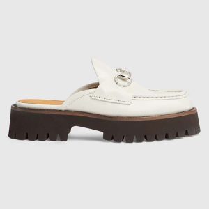Gucci Women GG Mule Horsebit White Leather Rubber Lug Sole Flat 764207
