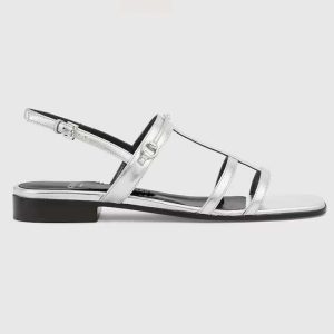 Gucci Women GG Slim Horsebit Flat Sandal Silver Leather Ankle Buckle 776648