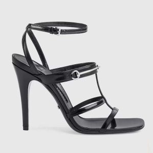Gucci Women GG Slim Horsebit Sandal Black Leather High Heel 771563