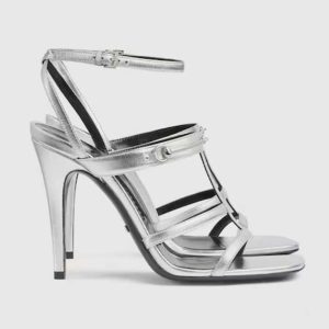 Gucci Women GG Slim Horsebit Sandal Silver Leather High Heel 771563