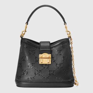 Gucci Women GG Small GG Shoulder Bag Black Debossed Leather Double G 675788