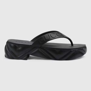 Gucci Women GG Thong Platform Slide Sandal Black Rubber Mid 5 CM Heel 746334