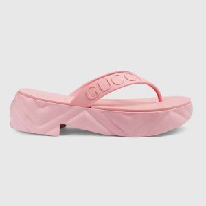 Gucci Women GG Thong Platform Slide Sandal Pink Rubber Mid 5 CM Heel 746334