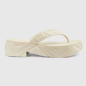 Gucci Women GG Thong Platform Slide Sandal White Rubber Mid 5 CM Heel 746334