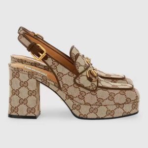 Gucci Women Horsebit Mule Beige Ebony Original GG Canvas Mid 8.4 CM Heel Style ‎776916