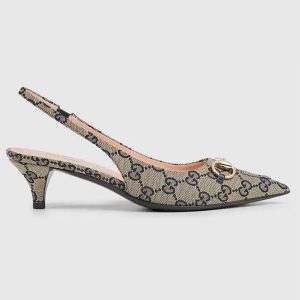Gucci Women Horsebit Slingback Pump Beige Blue Original GG Canvas Low Heel 782627