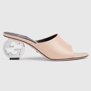 Gucci Women Interlocking G Heel Sandal Light Pink Leather Mid 7.6 CM Heel 772569