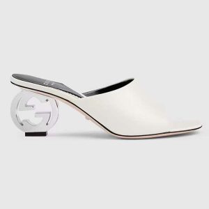 Gucci Women Interlocking G Heel Sandal White Leather Mid 7.6 CM Heel 772569