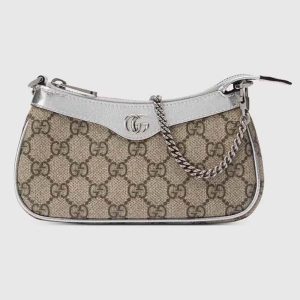 Gucci Women Ophidia Mini Bag Beige Ebony GG Supreme Canvas Metallic Silver Leather Double G 764960