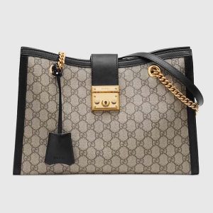 Gucci Women Padlock Medium GG Shoulder Bag Beige Ebony GG Supreme Canvas Black Leather 479197