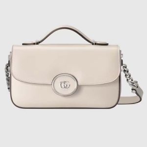Gucci Women Petite GG Mini Shoulder Bag White Leather Double G Push Lock Closure 739722