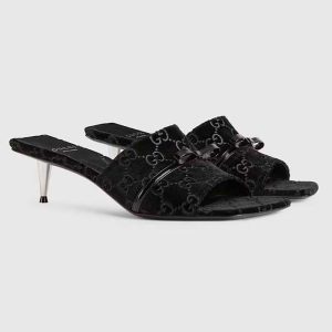 Gucci Women’s GG Slide Sandal Black GG Velvet Square Toe Low 4.3 CM Heel 764182