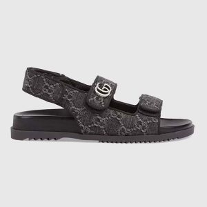 Gucci Women’s Sandal Double G Black Grey GG Denim Rubber Flat