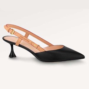 Louis Vuitton LV Women Blossom Slingback Pump Black Lambskin Strap Natural Cowhide Leather