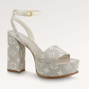 Louis Vuitton Women LV Fame Platform Sandal Beige Monogram Denim Leather 11.5 CM Heel