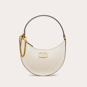 Valentino Women Mini Vlogo Signature Grainy Calfskin Hobo Bag-White