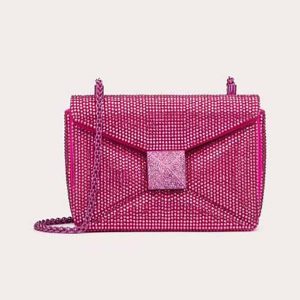 Valentino Women One Stud Small Bag with Chain and Rhinestone Embroidery-Rose