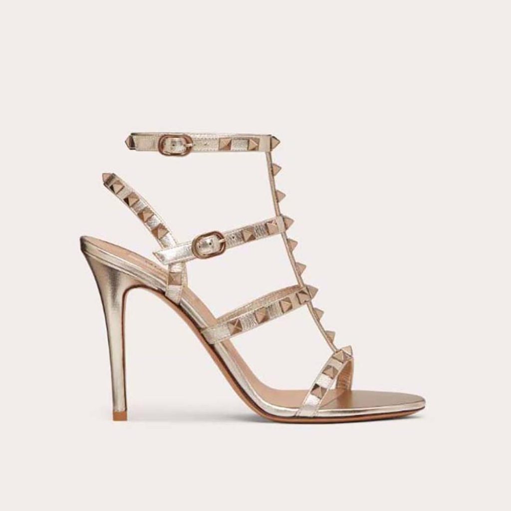 Home 7 Valentino Women Rockstud Metallic Calfskin Leather Ankle Strap Sandal 100 mm WS0A27JXH_S69