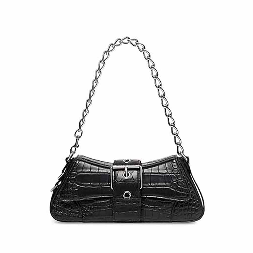 Balenciaga Women Lindsay Small Shoulder Bag with Strap Crocodile Embossed-Black