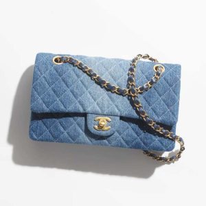 Chanel Women Classic 11.12 Handbag Washed Denim Gold Tone Metal-Blue