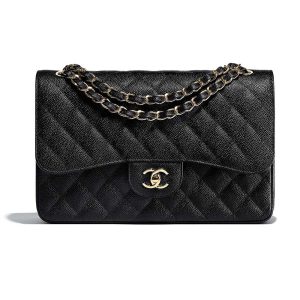 Chanel Women Large Classic Handbag in Grained Calfskin Leather-Black A58600